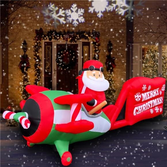 11FT Inflatable Christmas Santa Claus Flying Airplane Decor Blow Up Built-in LED - Picture 1 of 7